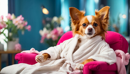 Beautiful dog in a bathrobe in a spa salon relax 