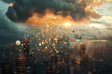 A bustling cityscape is filled with countless vibrant balloons floating in the sky, creating a lively and colorful atmosphere, Inflation cloud raining down coins on a city, AI Generated