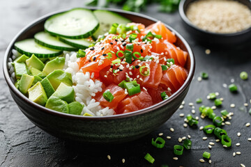Dish Ahi tuna poke bowl set with pieces of fresh salmon, slices avocado, cucumber and rice close up on grey concrete background