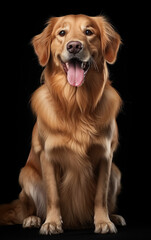 Full body front view studio portrait young golden retriever dog sitting and looking in camera isolated on black background