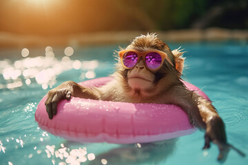 Relaxing, lazy monkey with sunglasses swimming in the pool on an inflatable pink circle. Concept of comfortable holidays in vacation - obrazy, fototapety, plakaty