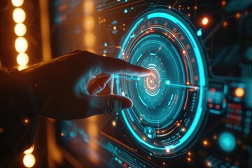 A hand reaching out to touch a screen with futuristic design, illuminated by a mesmerizing display of glowing lights, Interacting gesture with a futuristic touch screen interface, AI Generated