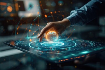 A person is seen touching a tablet displaying a futuristic design on the screen, Interactive imagery symbolizing digital marketing trends and future predictions, AI Generated - obrazy, fototapety, plakaty