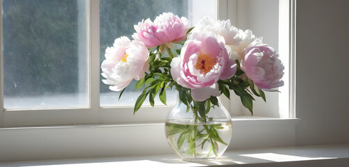 pink and white peonies flowers in a vase on the windowsill with sunbeams