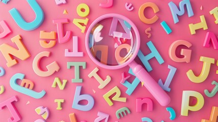 Concept of learning english, searching for word, and information. English alphabet letter and magnifying glass. Pink background with copy space.