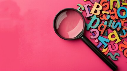 Concept of learning english, searching for word, and information. English alphabet letter and magnifying glass. Pink background with copy space.