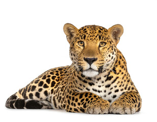 Jaguar liegend isoliert auf weißen Hintergrund, Freisteller