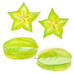 Sliced and whole green carambola - star fruit. Tropical fruit watercolor illustration
- 744215990