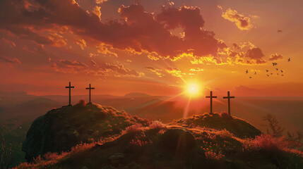 Obraz premium Image with three crosses on a hill at sunset for Easter feast Jesus Christ crucifixion concept.