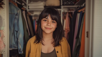 Capture the happiness of a teenage girl with brown hair looking directly at the camera while standing in front of a modern clothes wardrobe closet. 