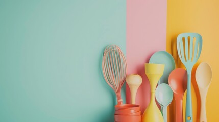 Kitchen utensils set against an abstract background, providing generous copy space, perfect for cooking tutorials, food-related advertisements, suitable for events like International Chef Day