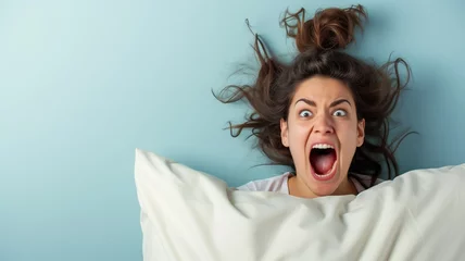 Fotobehang Woman in bed screaming, shocked by alarm © Artyom
