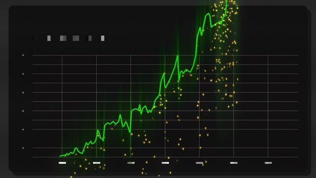 Investment Profit Visualization. Golden Coins Fall from a Green Stock Chart Line. Growth concept for your profit, revenue, and statistics presentation, video element Animation. Income from deposit.