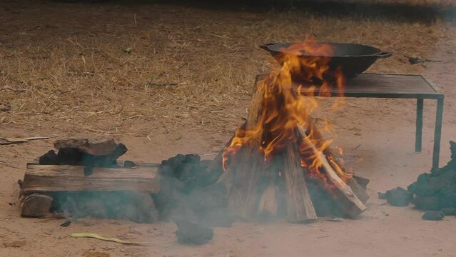 Burning wood: slow motion video of tongues of fire and ember smoke. Preparing the Paraguayan barbecue