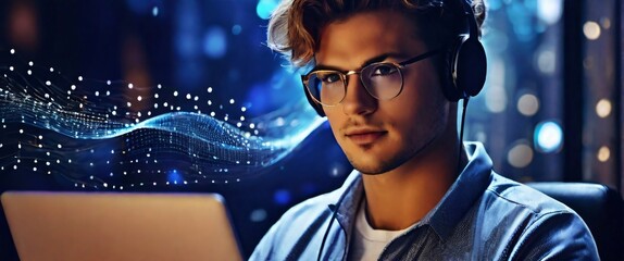 Young successful man at workplace with headset phone typing on laptop keyboard In the background is wave of dots and weave lines. Abstract blue background for design on the topic of cyberspace - obrazy, fototapety, plakaty