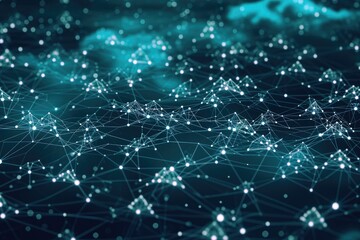 An image featuring a blue and black background with intersecting lines and scattered dots, Interconnected network nodes symbolizing cloud technology, AI Generated