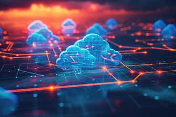 A collection of blue clouds suspended in the sky above a dark backdrop, Interconnected network nodes symbolizing cloud technology, AI Generated