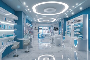 A photograph showcasing a spacious store, predominantly white and blue, featuring numerous shelves filled with various products, Interior design of a modern and high-tech pharmacy, AI Generated - obrazy, fototapety, plakaty