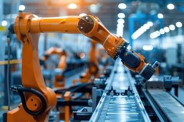 Industrial Robot Arm Performing Precision Work on Manufacturing Line