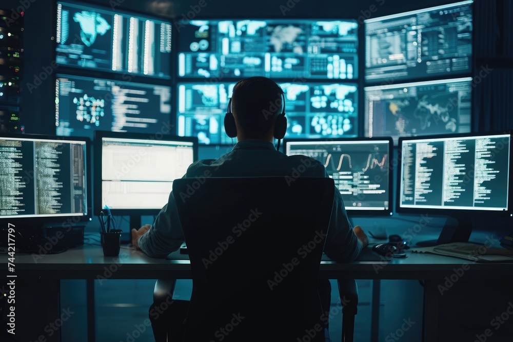 Poster a man sits at a desk in a workplace environment, surrounded by multiple computer monitors as he work
