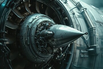 A detailed view of a jet engine on an airplane, showcasing its intricate structure and powerful functionality, Intricate details of a futuristic spaceship engine, AI Generated