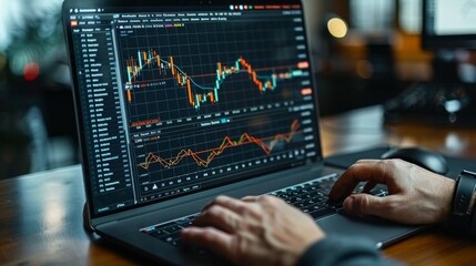 Crypto investor trades bitcoin, charts on laptop monitor, financial investment, online trading, business - obrazy, fototapety, plakaty