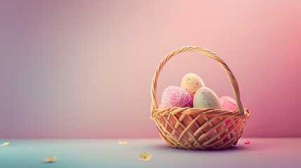Decorated Easter egg inside a basket on a uniform color pastel background with copyspace