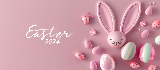 A minimal line drawing illustration of bunny ears and an Easter egg, write the text "Easter 2024", solid pastel background