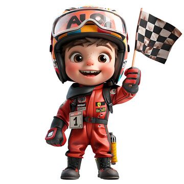 A 3D animated cartoon render of a laughing toddler in a race car driver costume holding a checkered flag.