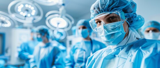Surgical Team in Operation Theater. A focused surgical team in scrubs and masks performing a procedure in a well-lit operating room.