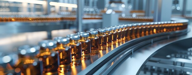 Precision Medicine Bottling Process. Golden-hued vials on pharmaceutical conveyor system.