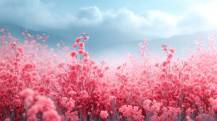 Fototapeta na wymiar Bright pink flowers field with mountain backdrop.