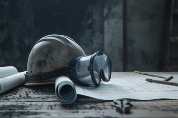 A lone helmet and goggles sit abandoned on a dusty table, their gas mask companion left behind as a symbol of forgotten protection - obrazy, fototapety, plakaty