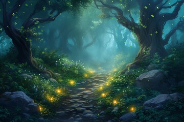 Fototapeta premium Enchanted forest pathway glowing fireflies twilight fantasy world mystical dreamy landscape