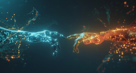 Fondo con representacion de la Inteligencia Artificial con dos brazos con sus manos creados digitalmente con conexiones de redes internet, en colores azules y naranja, tocándose por el dedo indice - obrazy, fototapety, plakaty