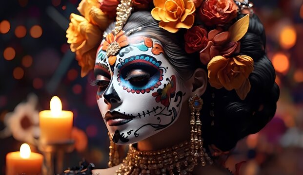 Generative AI  Picture of lady with sugar skull face paint and flowers hat against a sparkling backdrop at Day of the Dead. Portrait of Calavera Catrina

