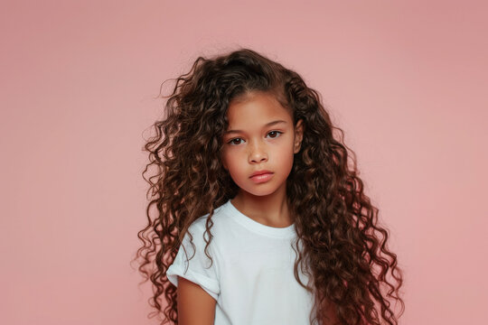 ni&ntilde;a afroamericana de pelo negro largo y muy  rizado posando con camiseta blanca sobre fondo rosa pastel