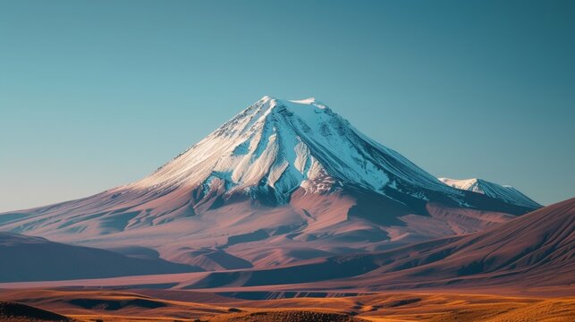 The majestic araate mountain, with its snow-capped summit and rugged ridge, stands tall against the vast sky, a striking blend of nature's beauty and the powerful force of an extinct stratovolcano