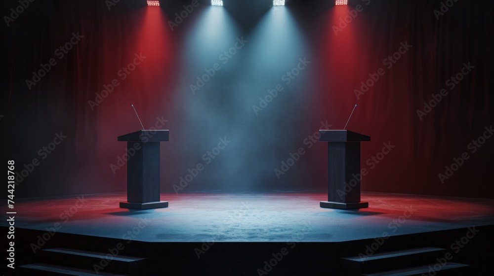 Wall mural amidst the darkened walls of the indoor theater, two podiums stand on a stage illuminated by strikin