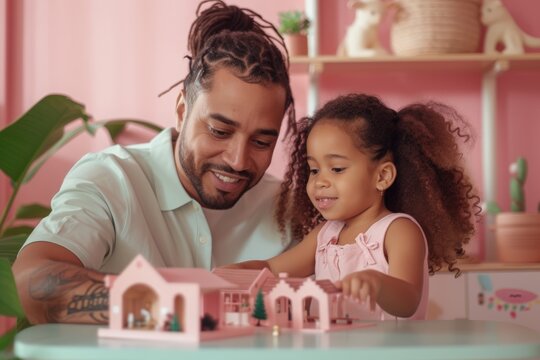 A joyful woman and a curious toddler share a moment of play, their human faces beaming with smiles as they explore the miniature world of a toy house against a cozy indoor wall backdrop