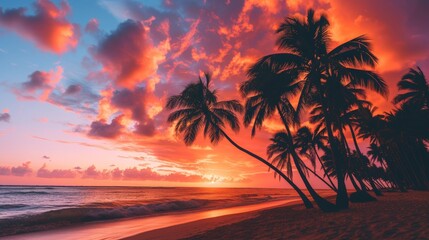 As the sun sets on the horizon, the palm trees sway in the gentle breeze, casting shadows on the golden sands of the caribbean beach, while the vibrant afterglow illuminates the sky and clouds above - obrazy, fototapety, plakaty