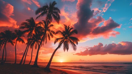 Fototapeta na wymiar As the sun sets on the horizon, the afterglow illuminates the peach palms and date palms that line the tropical beach, creating a serene and peaceful outdoor landscape of palm trees against the backd