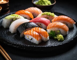 Nigiri sushi on a plate. A beautiful picture for advertising.