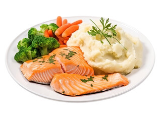A raw salmon steak with potato and broccoli on the plate. Isollated on the transparent background.