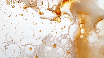 Close-Up of Amber Beer Bubbles Rising on White Background, Refreshing Carbonated Beverage - obrazy, fototapety, plakaty
