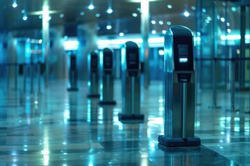Illuminated Biometric Security Gates in a Contemporary Office Building for Efficient Workforce Entry - obrazy, fototapety, plakaty