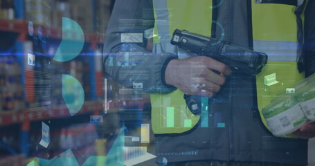 Image of statistics and financial data processing over man working in warehouse