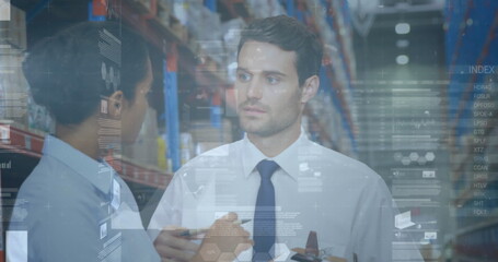 Image of statistics and financial data processing over man and woman working in warehouse