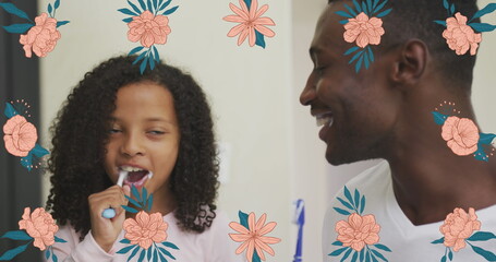 Image of flowers over happy african american father and daughter brushing teeth