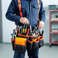 Close-up of a maintenance worker wearing a waist-mounted tool kit and a bag.